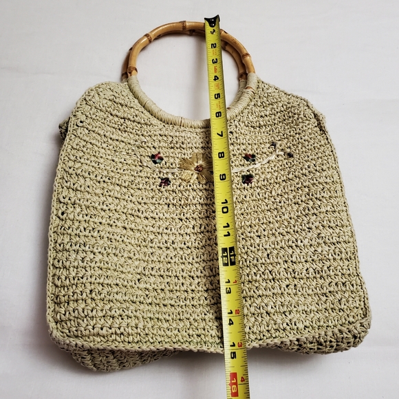 Vintage Fun Summer Straw Handbag With Bamboo Handles Floral Embroidered Boho - Picture 11 of 13
